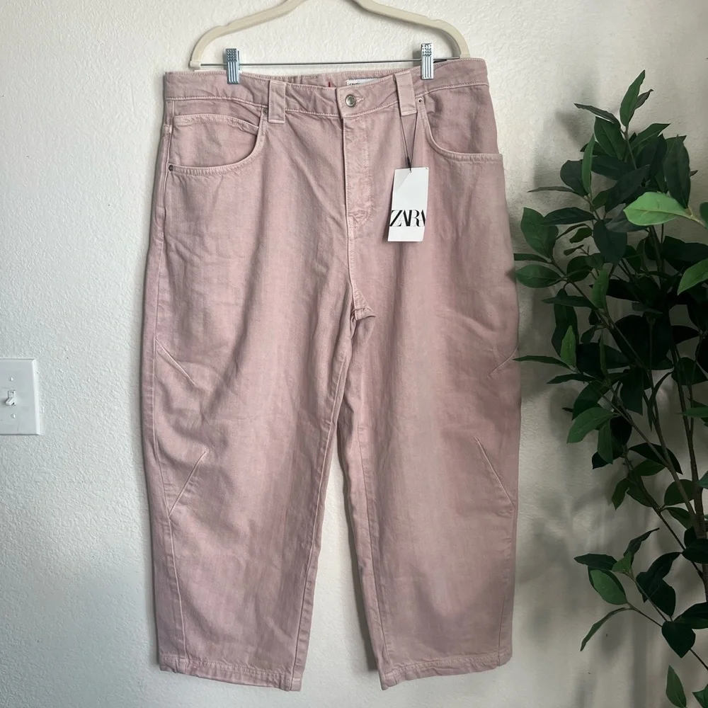 Zara The Cropped Barrel Leg Jeans In Pink Denim Baggy NWT - Picture 1 of 5